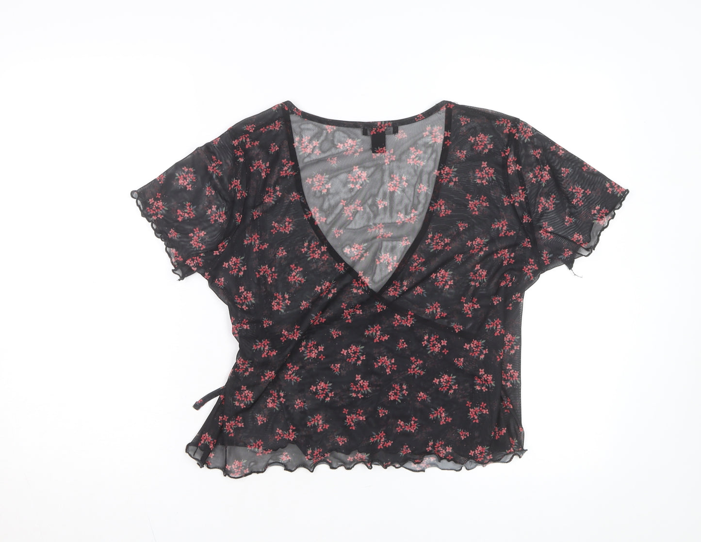 New Look Women's Black Floral Mesh Wrap Blouse Size 14