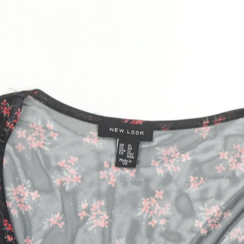 New Look Women's Black Floral Mesh Wrap Blouse Size 14