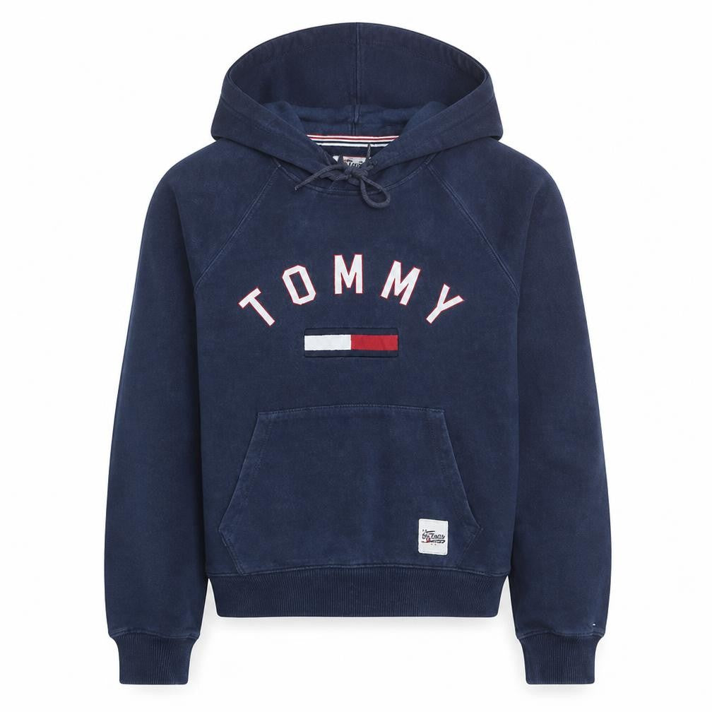 Front view of Tommy Hilfiger Men's Blue Pullover Hoodie, size M, Embroidered Logo
