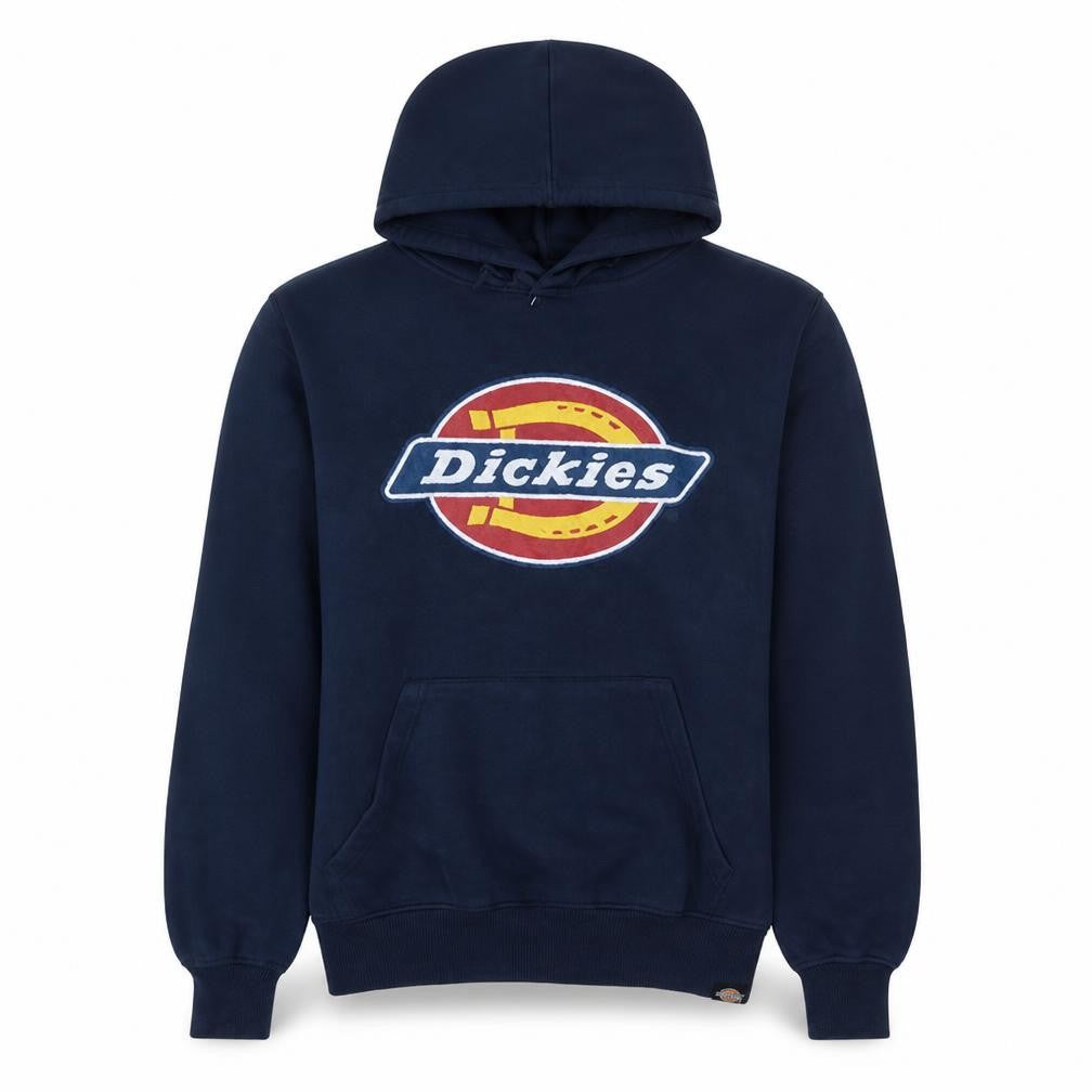 Front view of Dickies Men’s Blue Pullover Hoodie Small Graphic Logo Sweatshirt