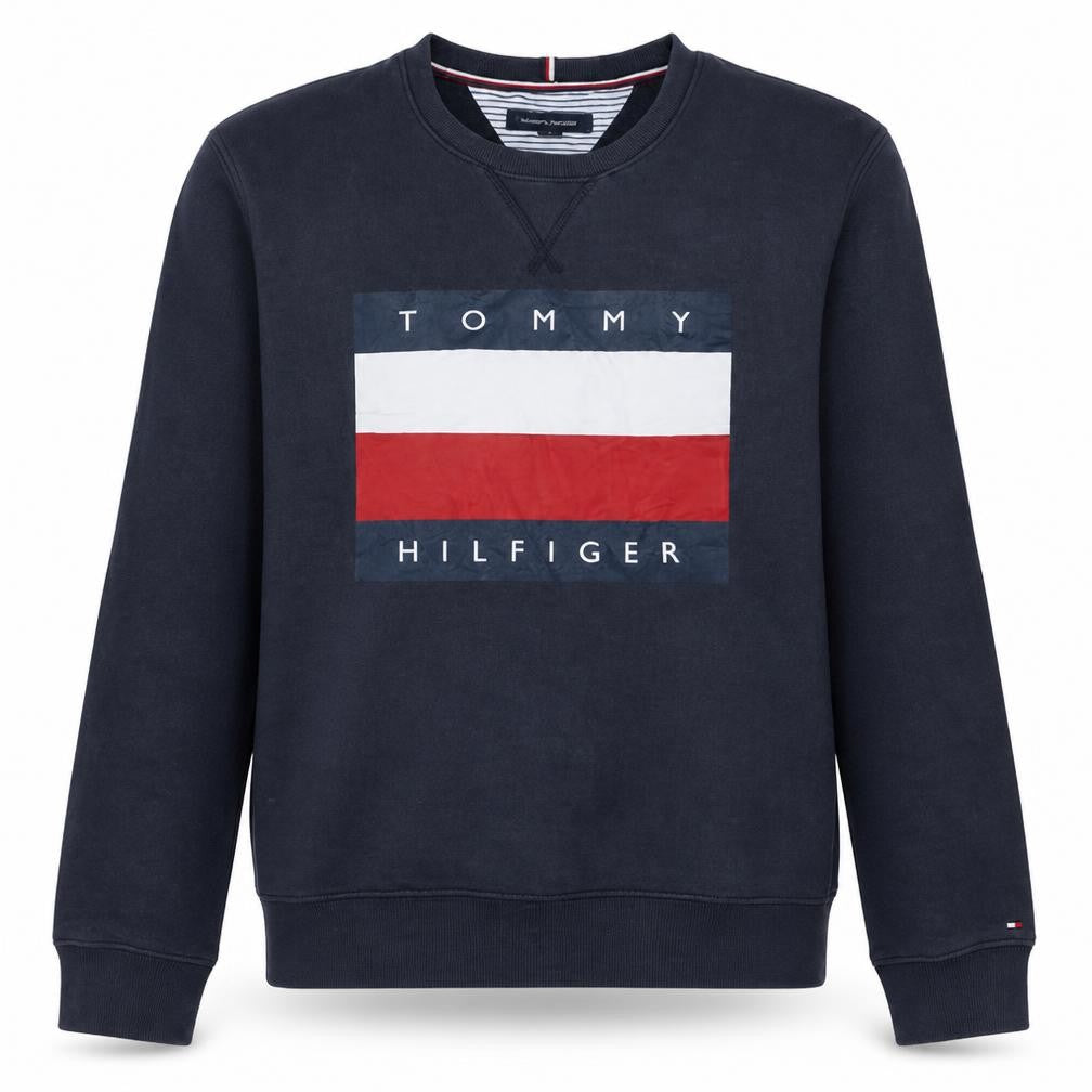 Front view of Tommy Hilfiger Men's Navy Blue Crew Neck Logo Sweatshirt, size L