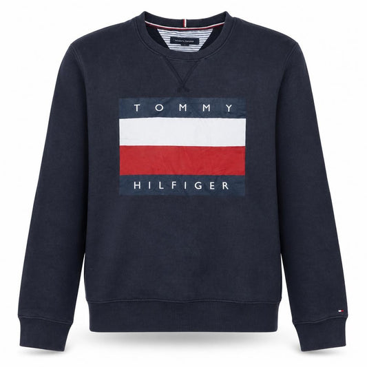 Front view of Tommy Hilfiger Men's Navy Blue Crew Neck Logo Sweatshirt, size L