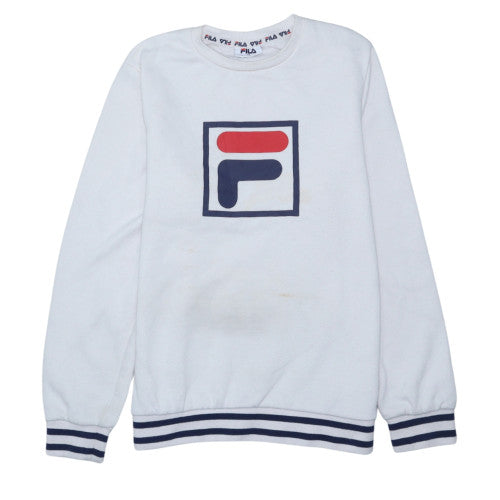 FILA Men White Logo Pullover Sweatshirt M Classic Fleece Crew