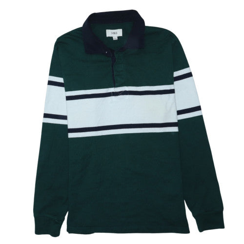Marks and Spencer Men's Green Striped Long Sleeve Polo Shirt Size L