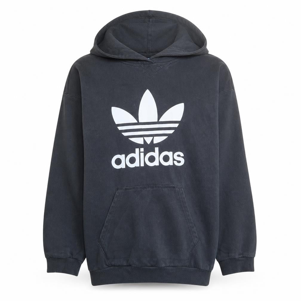 Front view of Adidas women’s black, size UK 12, trefoil pullover hoodie sweatshirt
