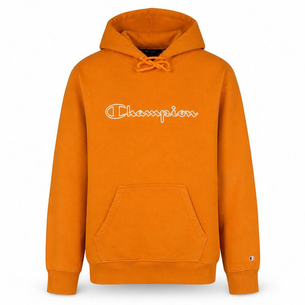 Front view of Champion Men's Orange Pullover Hoodie, size L, Graphic Logo Fleece
