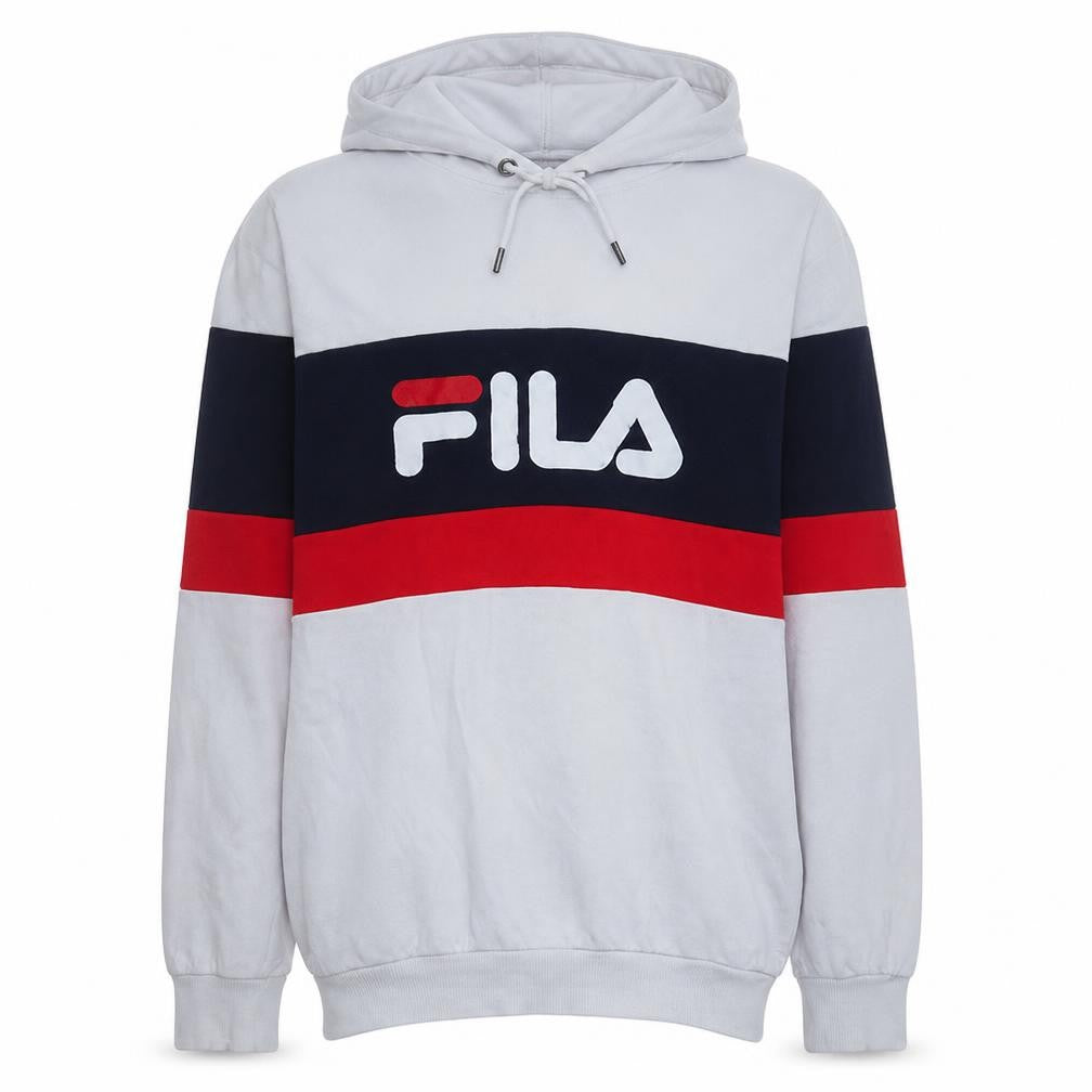 Front view of Fila Men’s White Pullover Hoodie L Logo Sports Sweatshirt