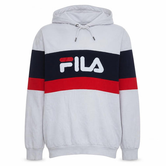 Front view of Fila Men’s White Pullover Hoodie L Logo Sports Sweatshirt