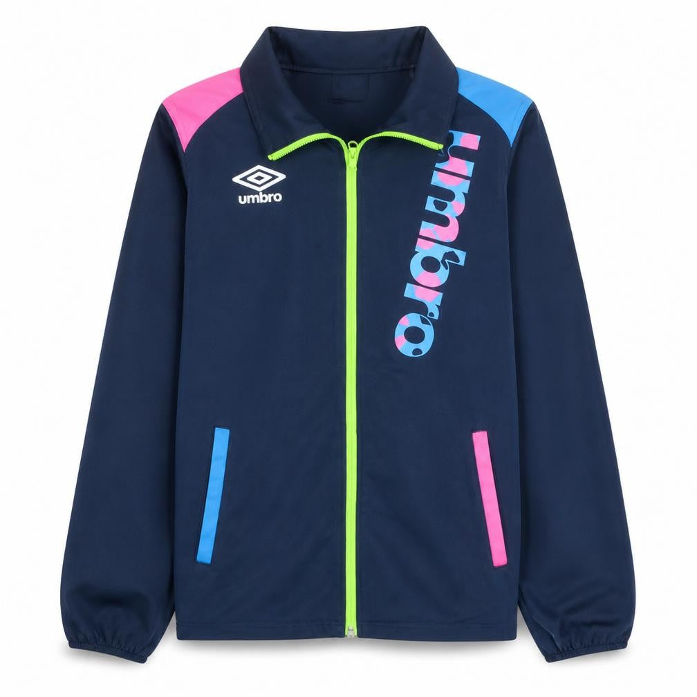 Front view of Umbro boys’ navy track jacket s blue pink trim full zip activewear