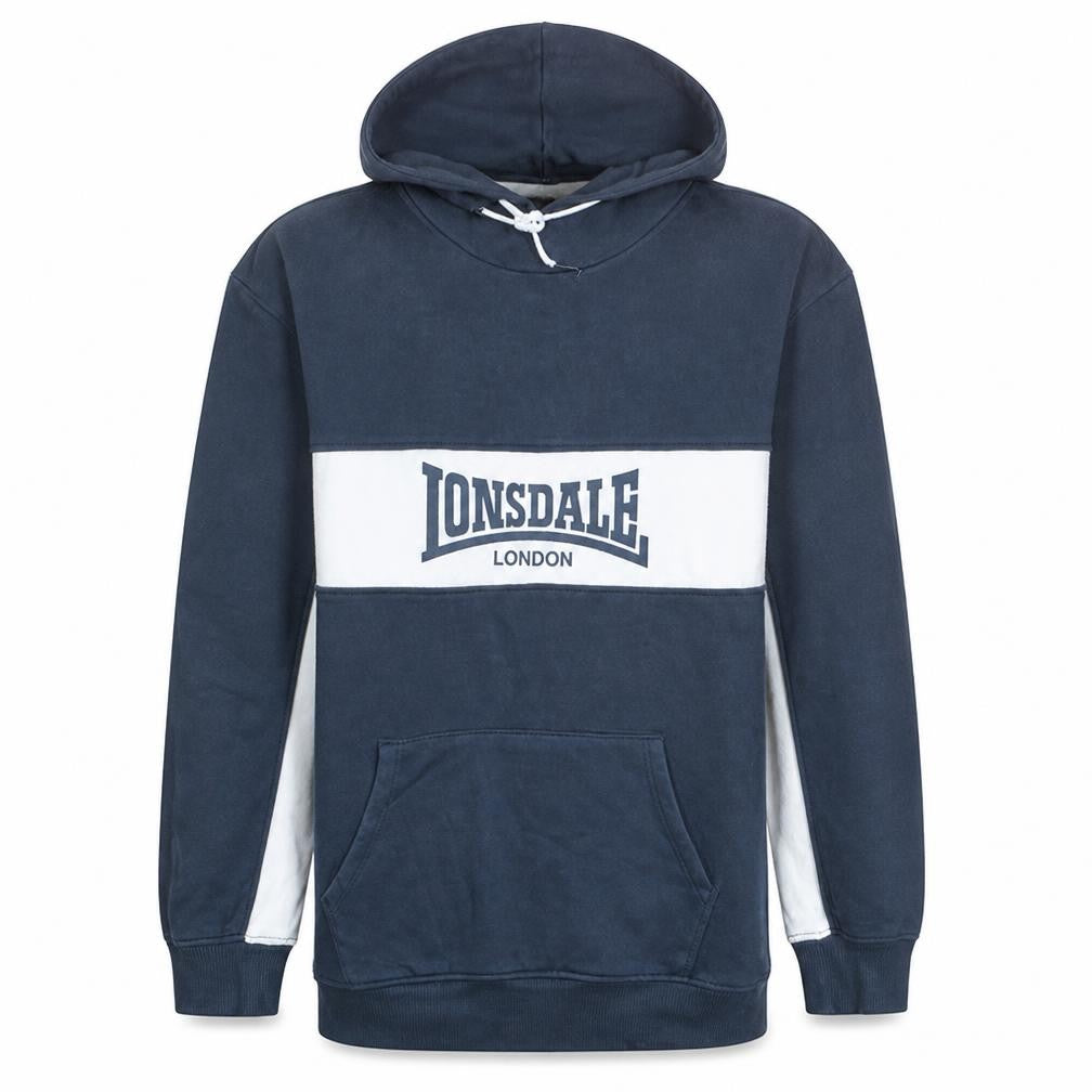 Front view of Lonsdale Men's Blue Pullover Hoodie L Logo Fleece Sweatshirt