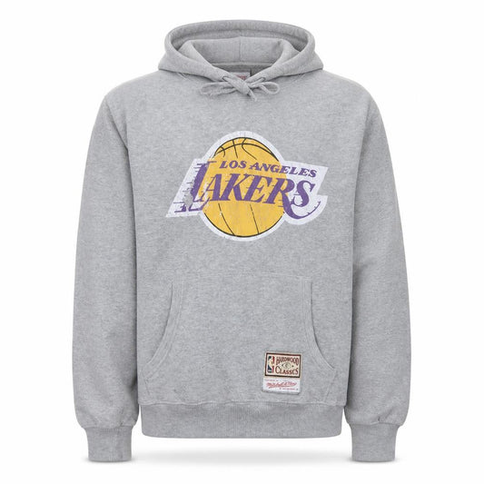 Front view of Mitchell & Ness Men’s Grey Los Angeles Lakers Pullover Hoodie M