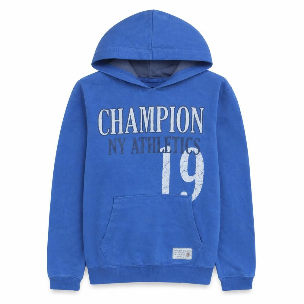 Front view of Champion Men’s Blue Pullover Hoodie L Graphic Fleece Sweatshirt
