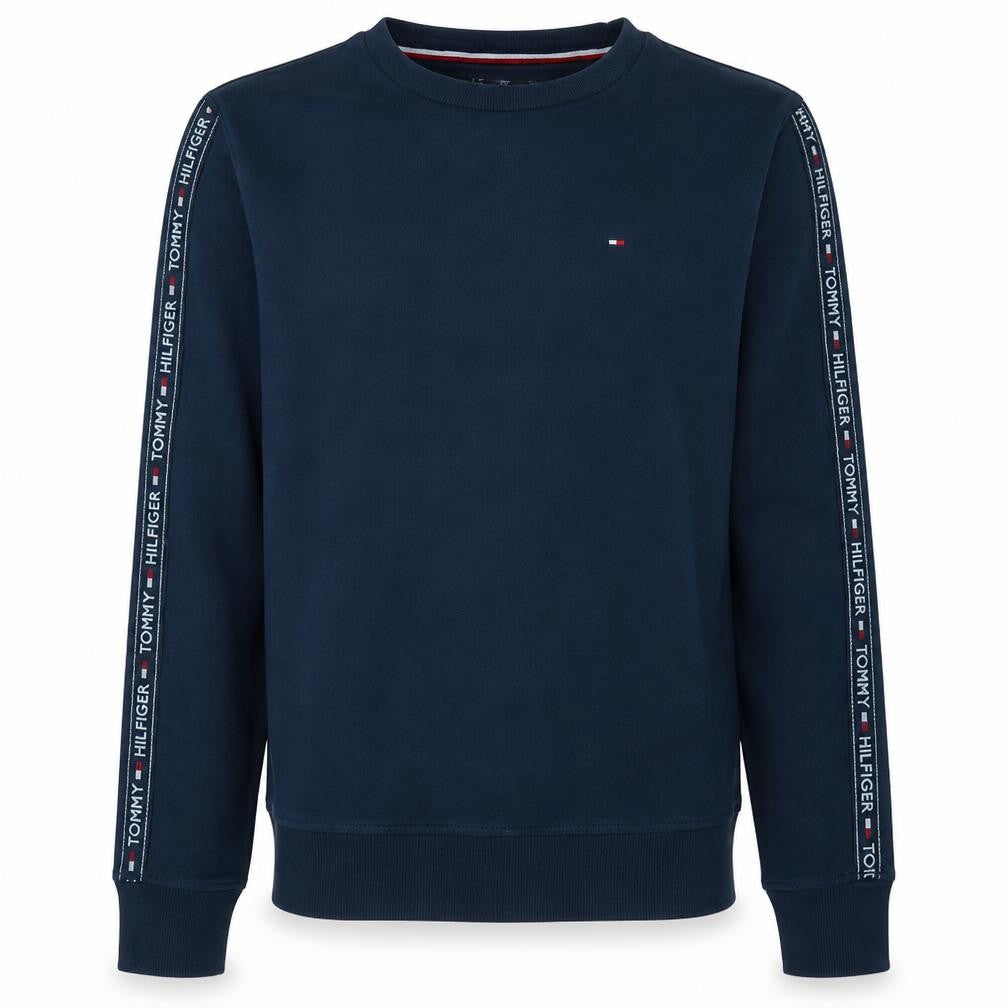 Front view of Tommy Hilfiger Men’s Blue Logo Tape Crew Neck Sweatshirt M