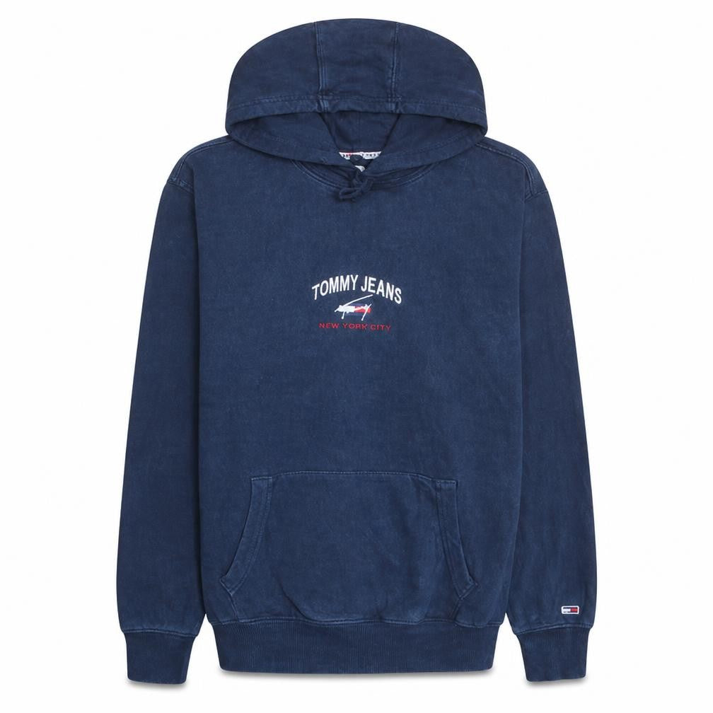 Front view of Tommy Jeans men’s blue pullover hoodie l cotton graphic sweatshirt