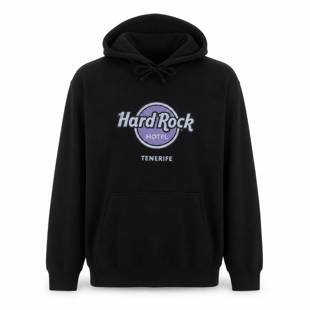 Front view of Hard Rock Hotel Men’s Black Pullover Hoodie Large Graphic Music Sweatshirt