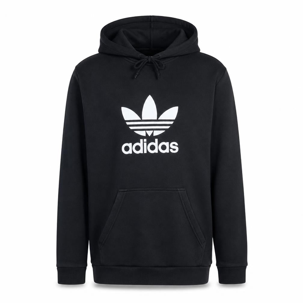 Front view of Adidas men’s black pullover hoodie m logo fleece sweatshirt