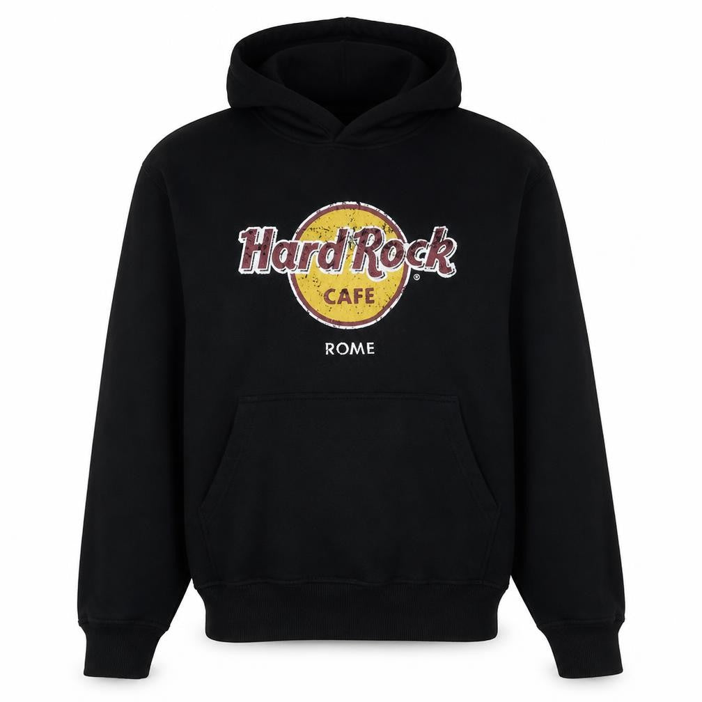 Front view of Hard Rock Cafe Rome Men's Black Pullover Hoodie M Fleece