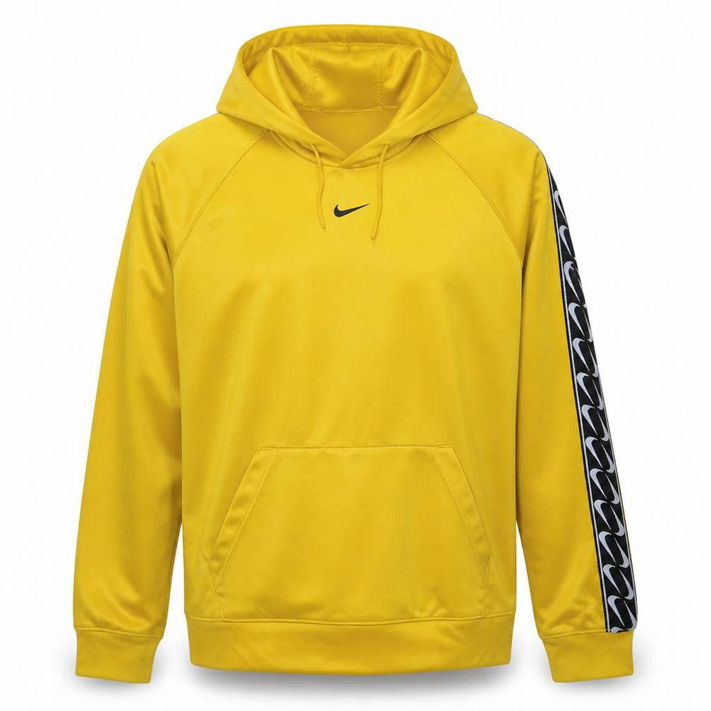 Front view of Nike Men's Yellow Small Pullover Hoodie with Logo Tape Sleeves