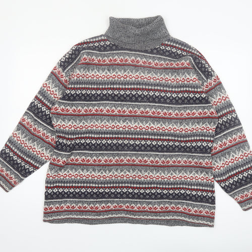 Weekend Edition Men's Grey Fair Isle Roll Neck Jumper L