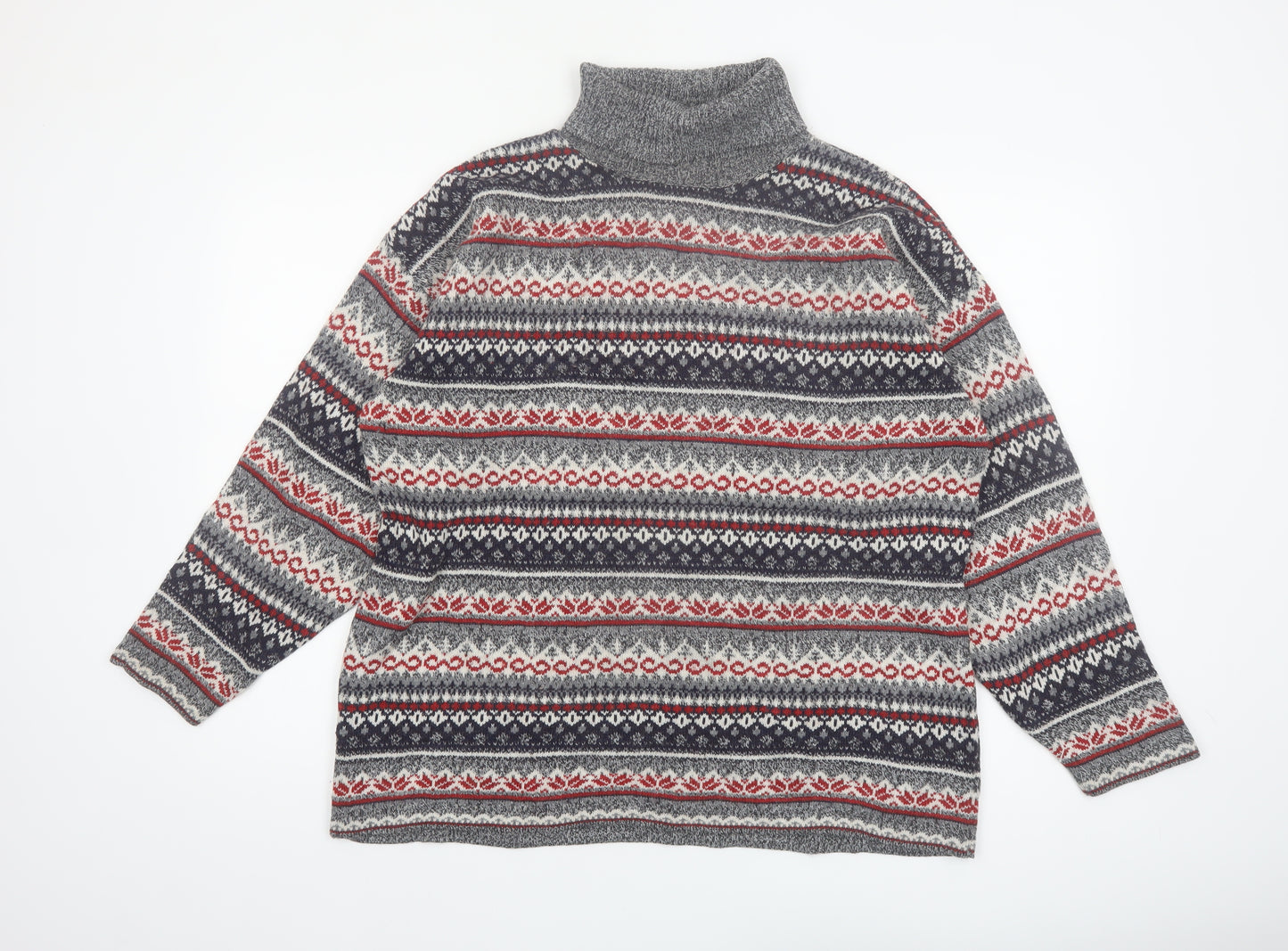 Weekend Edition Men's Grey Fair Isle Roll Neck Jumper L
