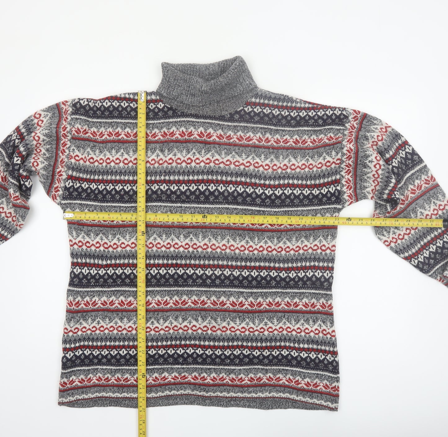 Weekend Edition Men's Grey Fair Isle Roll Neck Jumper L