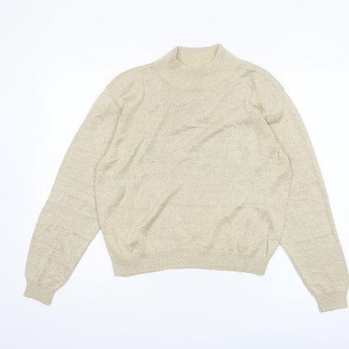 Talbots Womens Beige L Mock Neck Silk Blend Metallic Jumper