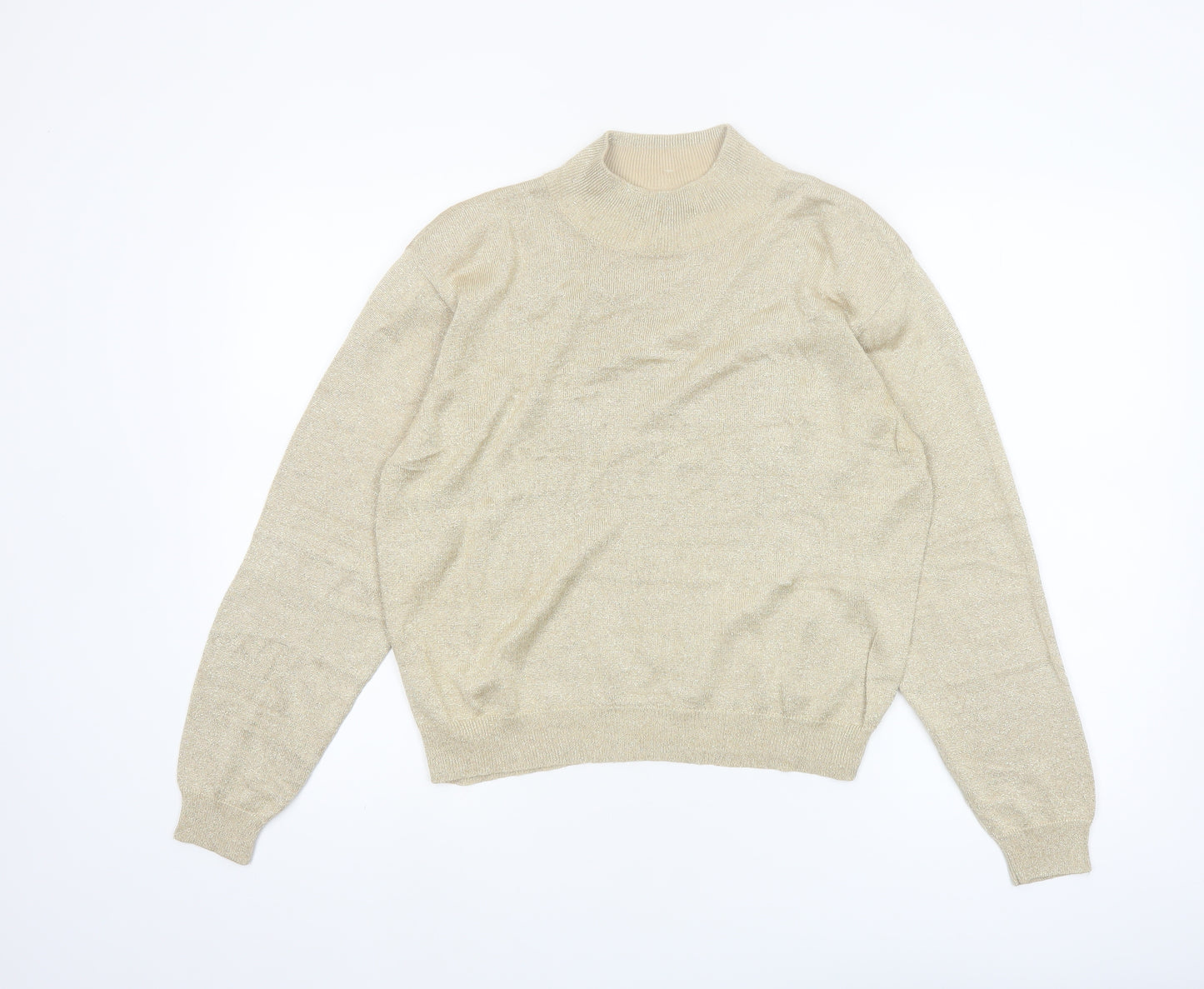 Talbots Womens Beige L Mock Neck Silk Blend Metallic Jumper