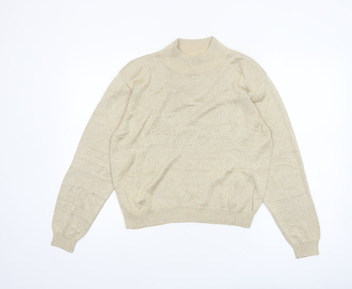 Talbots Womens Beige L Mock Neck Silk Blend Metallic Jumper