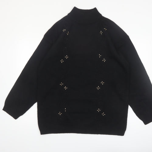 Leslie Fay Women Black L Mock Neck Embellished Knit Jumper