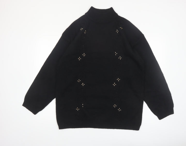 Leslie Fay Women Black L Mock Neck Embellished Knit Jumper