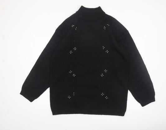 Leslie Fay Women Black L Mock Neck Embellished Knit Jumper
