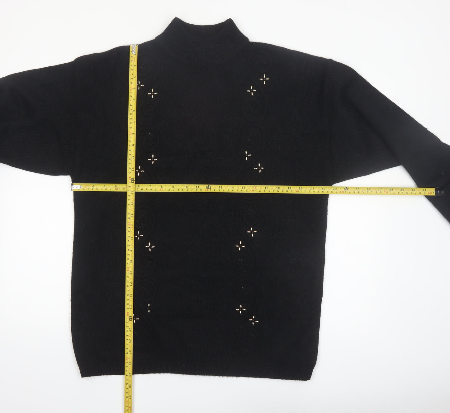 Leslie Fay Women Black L Mock Neck Embellished Knit Jumper
