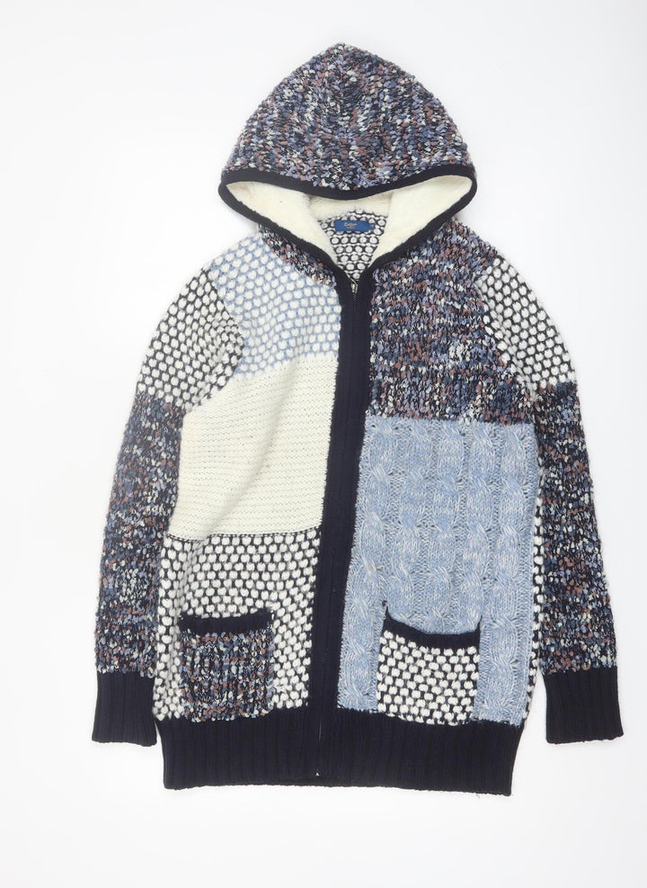 Cotton Traders Women's Navy Patchwork Hooded Full Zip Cardigan Size 12