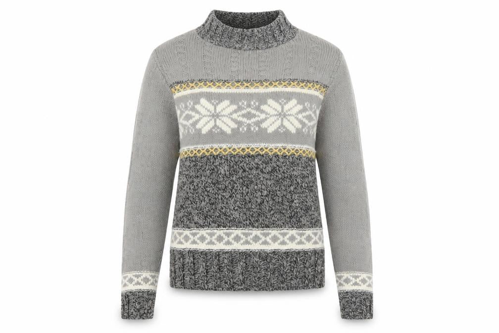 Front view of Ann Max women’s grey fair isle roll neck wool jumper, size UK 14