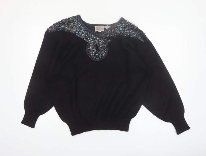 Phil Carry Womens Black Beaded 80s Vintage Pullover Jumper L