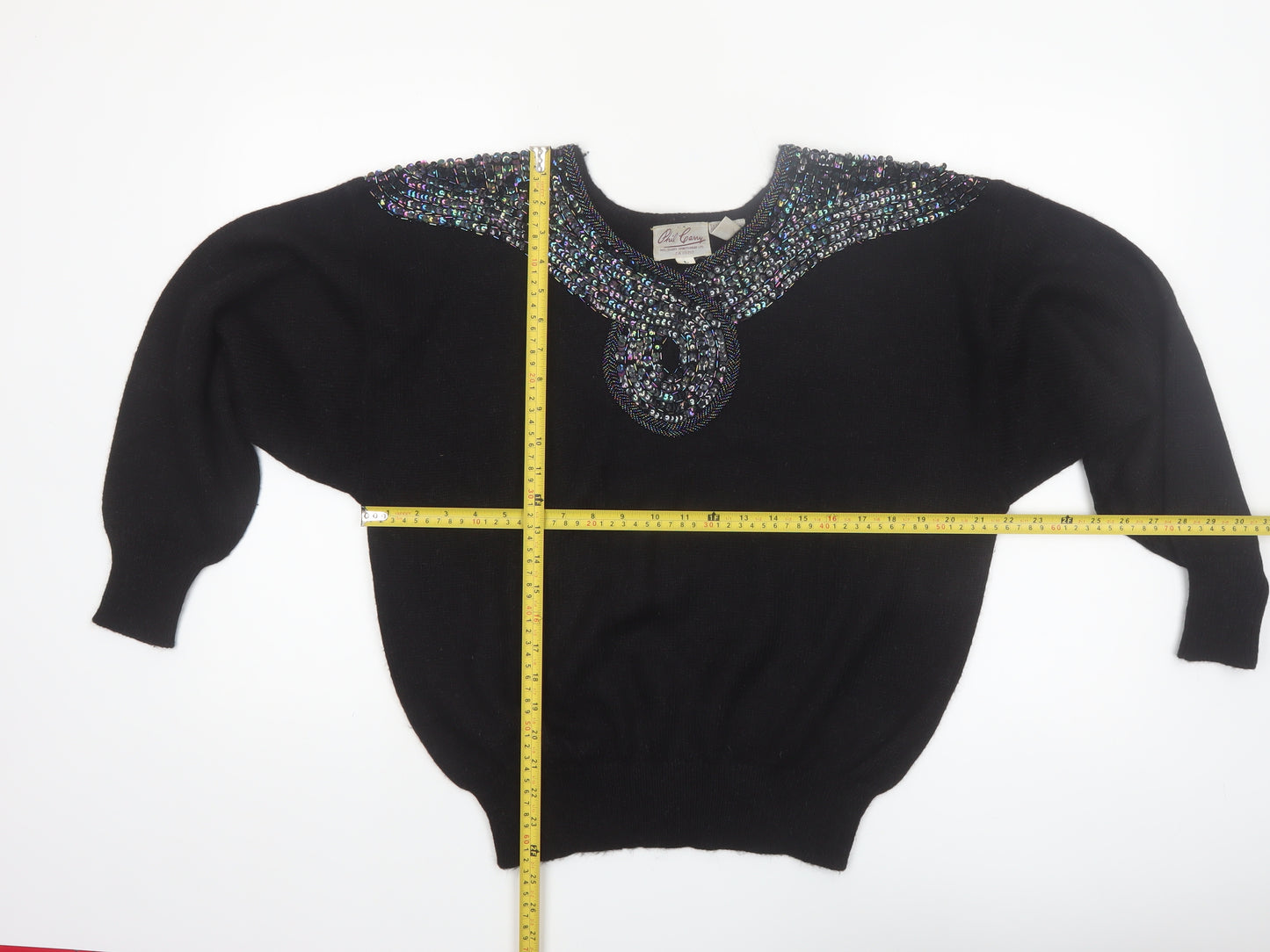 Phil Carry Womens Black Beaded 80s Vintage Pullover Jumper L