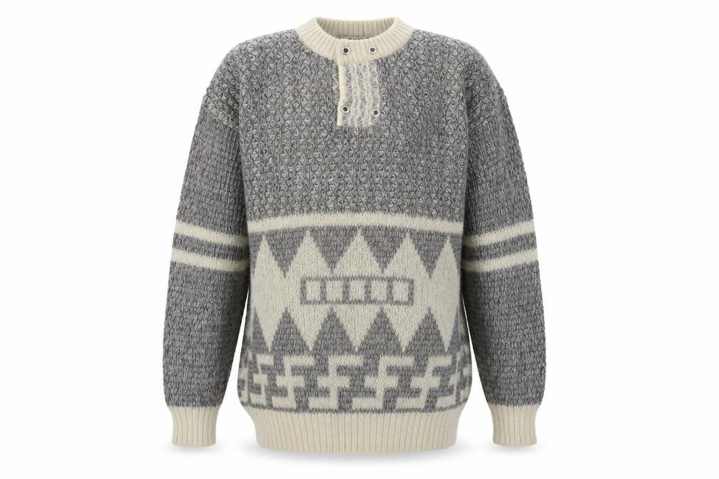 Front view of Alex Men’s Grey Mohair Blend Chunky Henley Jumper, size L
