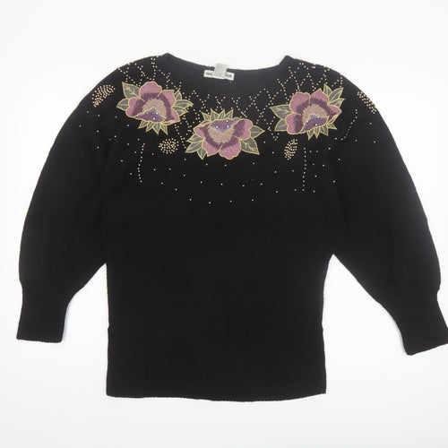 Ina Sinclair Womens Black S Pullover Floral Beaded Silk Angora Jumper