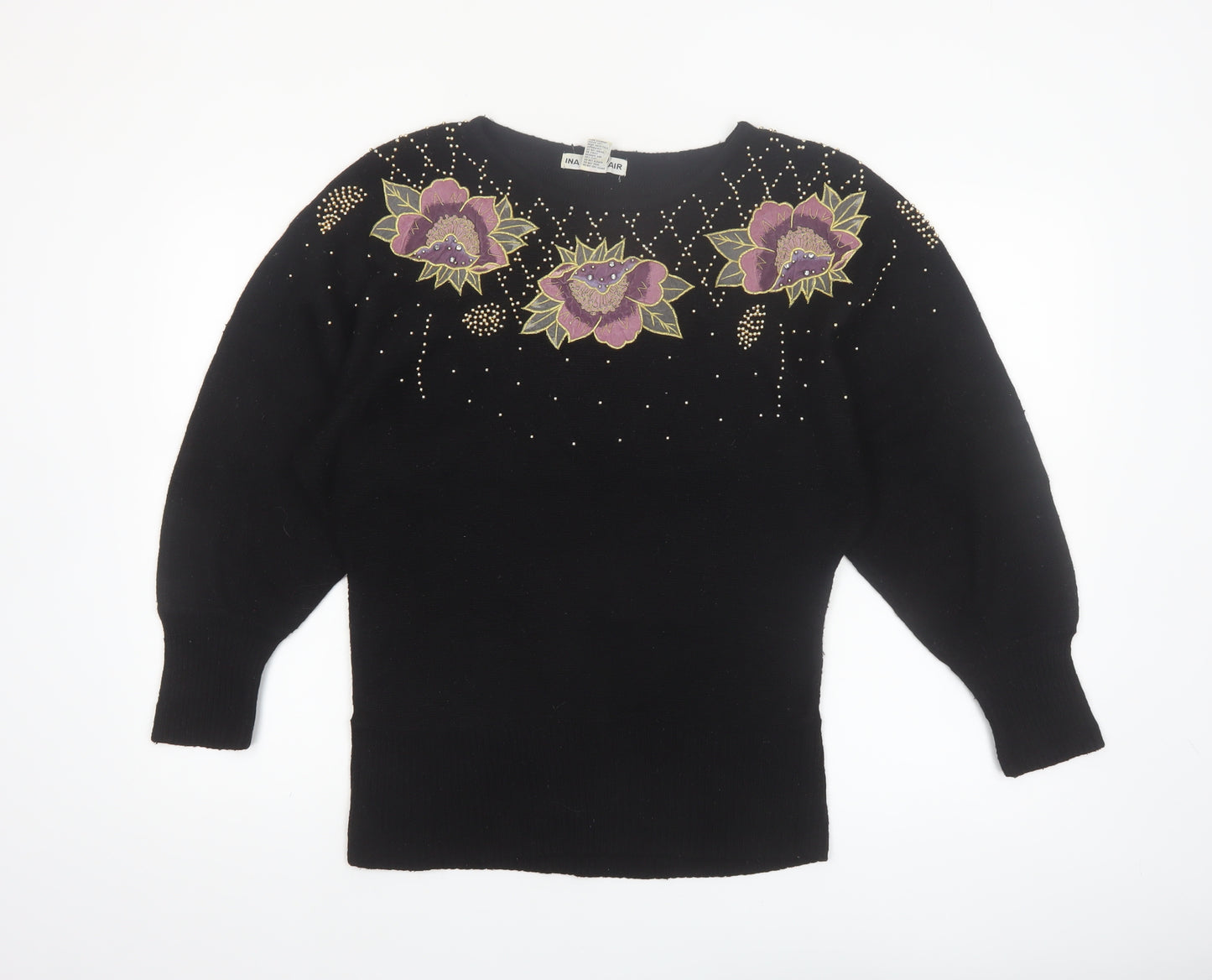 Ina Sinclair Womens Black S Pullover Floral Beaded Silk Angora Jumper