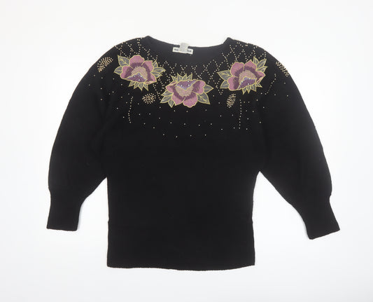 Ina Sinclair Womens Black S Pullover Floral Beaded Silk Angora Jumper