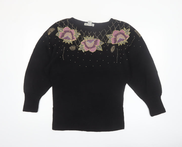 Ina Sinclair Womens Black S Pullover Floral Beaded Silk Angora Jumper
