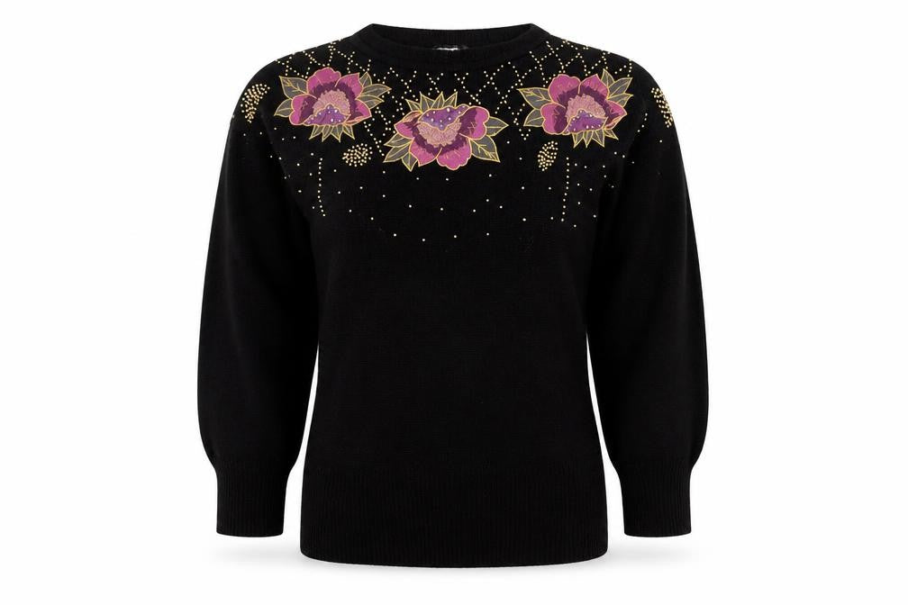 Front view of Ina Sinclair women’s black s pullover floral beaded silk angora jumper