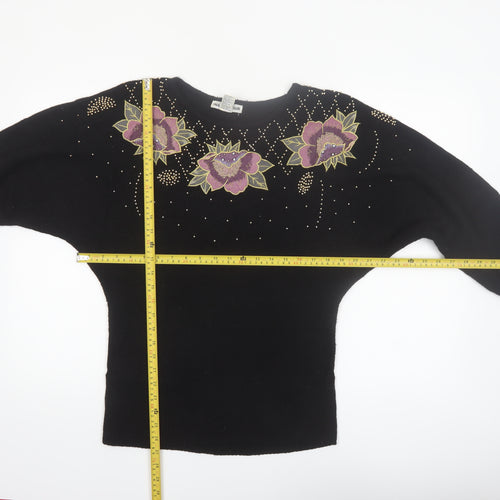 Ina Sinclair Womens Black S Pullover Floral Beaded Silk Angora Jumper