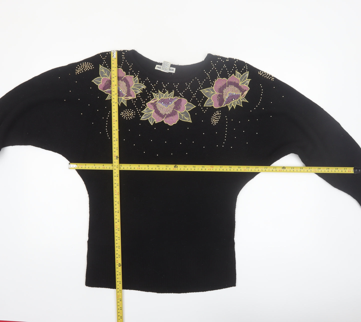 Ina Sinclair Womens Black S Pullover Floral Beaded Silk Angora Jumper