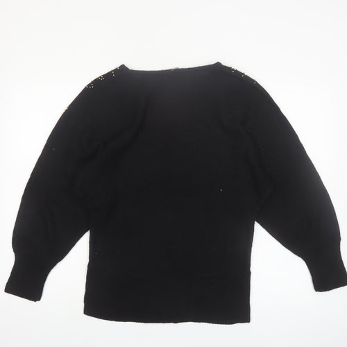 Ina Sinclair Womens Black S Pullover Floral Beaded Silk Angora Jumper