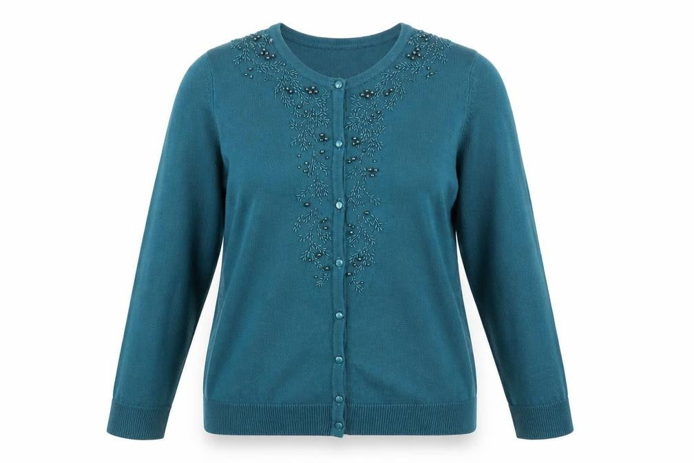 Front view of BHS Women’s Green Beaded Knit Cardigan, size UK 16
