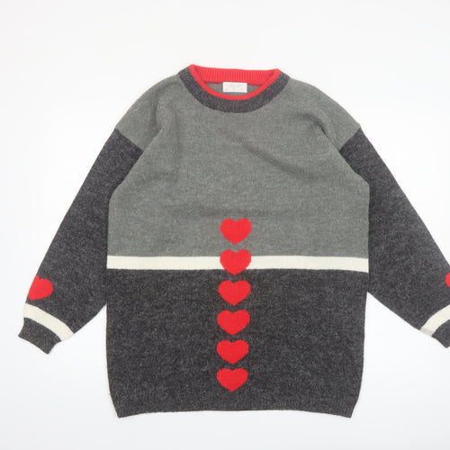Borgelt Women's Grey Red Heart Knit Crew Neck Jumper Size S