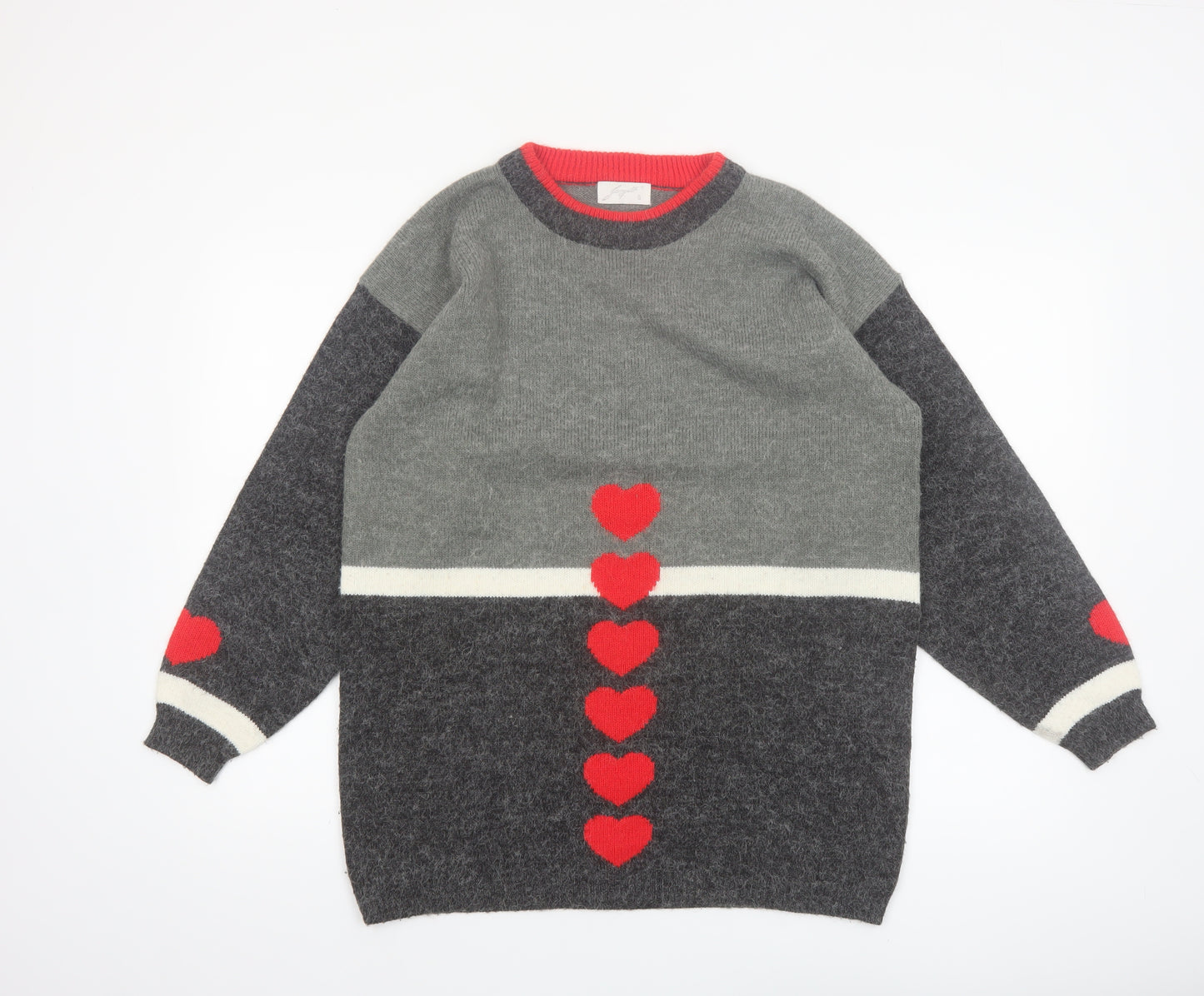 Borgelt Women's Grey Red Heart Knit Crew Neck Jumper Size S