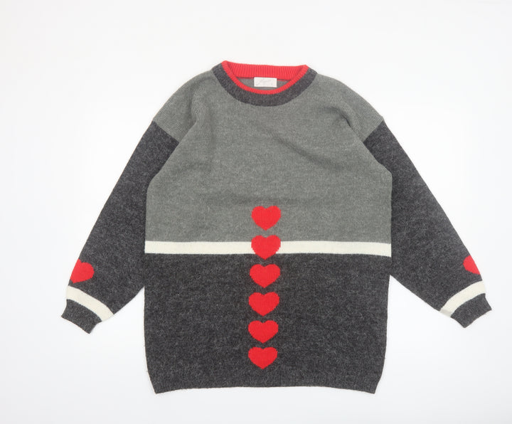 Borgelt Women's Grey Red Heart Knit Crew Neck Jumper Size S