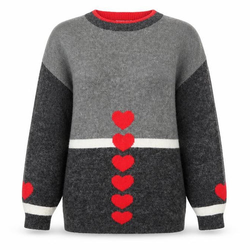 Borgelt Women's Grey Red Heart Knit Crew Neck Jumper Size S